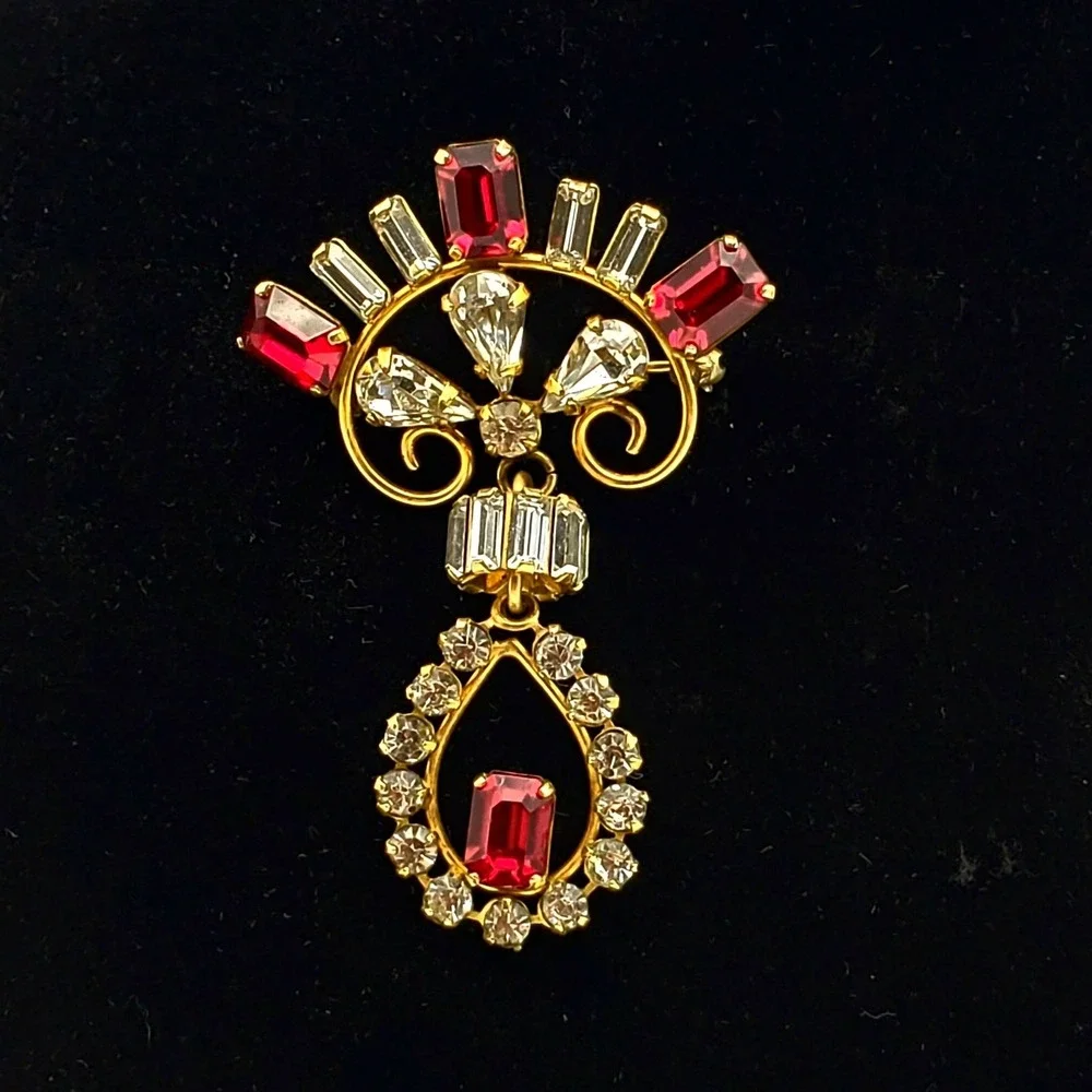 DeCurtis Red & Clear Rhinestone Brooch Pendant 1/20 12k GF 1940s Drop Pin Dangle